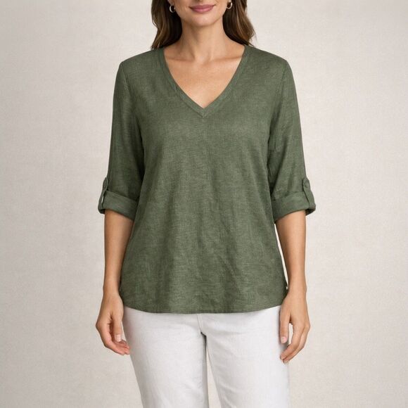 Chico's Tops - Chico’s Green V-Neck 3/4 Sleeve Linen Top Size 1 US Medium